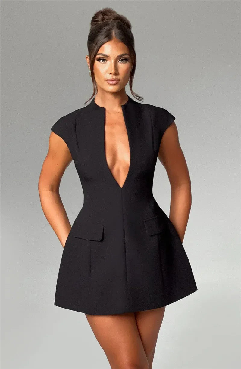 Black Deep Neck Short Sleeve Mini Dress