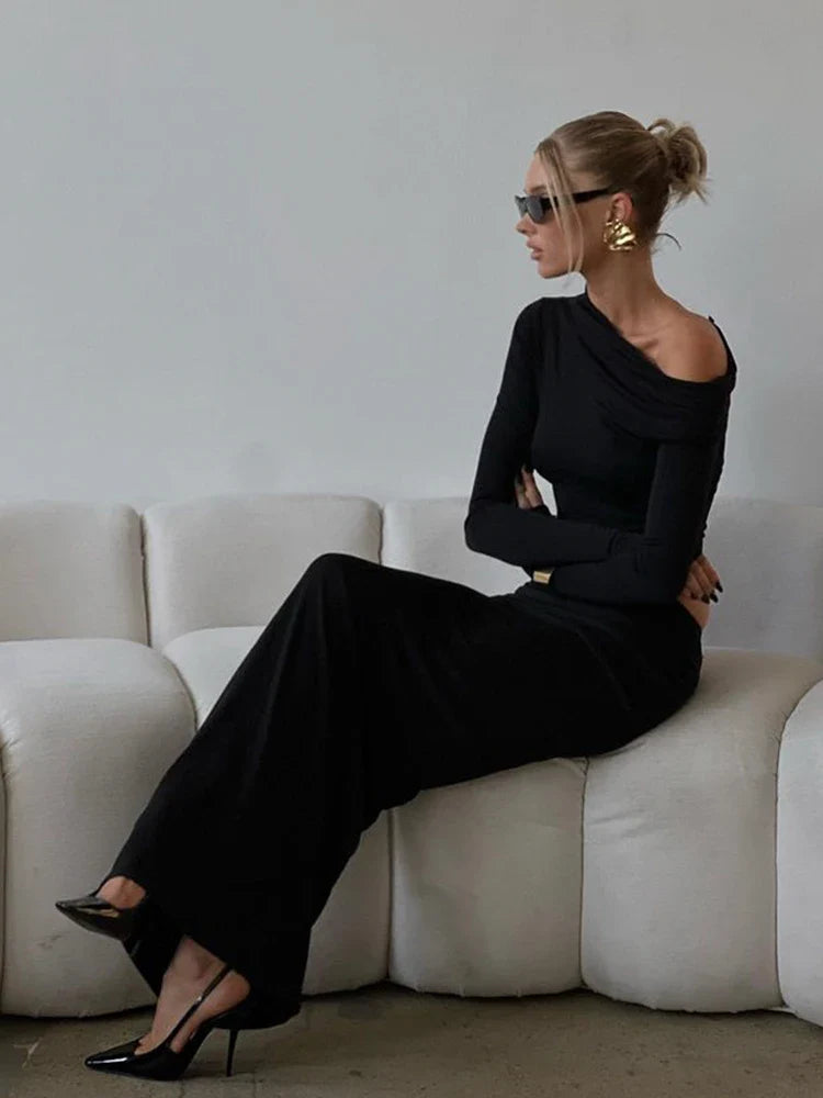 Black Off-shoulder Long Sleeve Top And Maxi Skirt Set