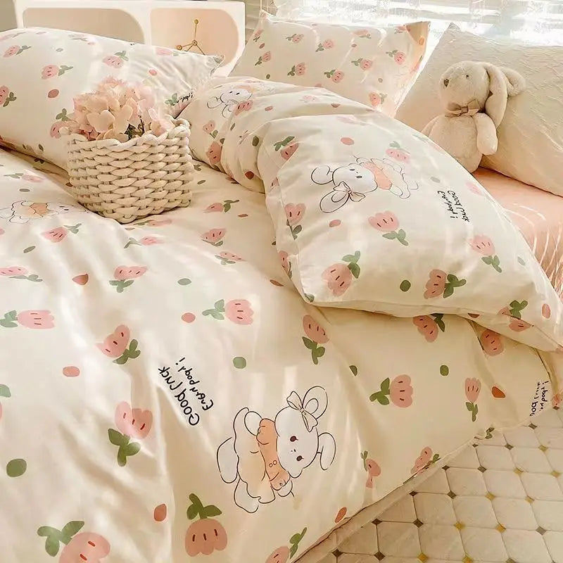 Romantic Cherry Heart Duvet Cover Set Flat Sheet Pillowcases Fashion New Twin Full Floral Summer Spring Bedding Set