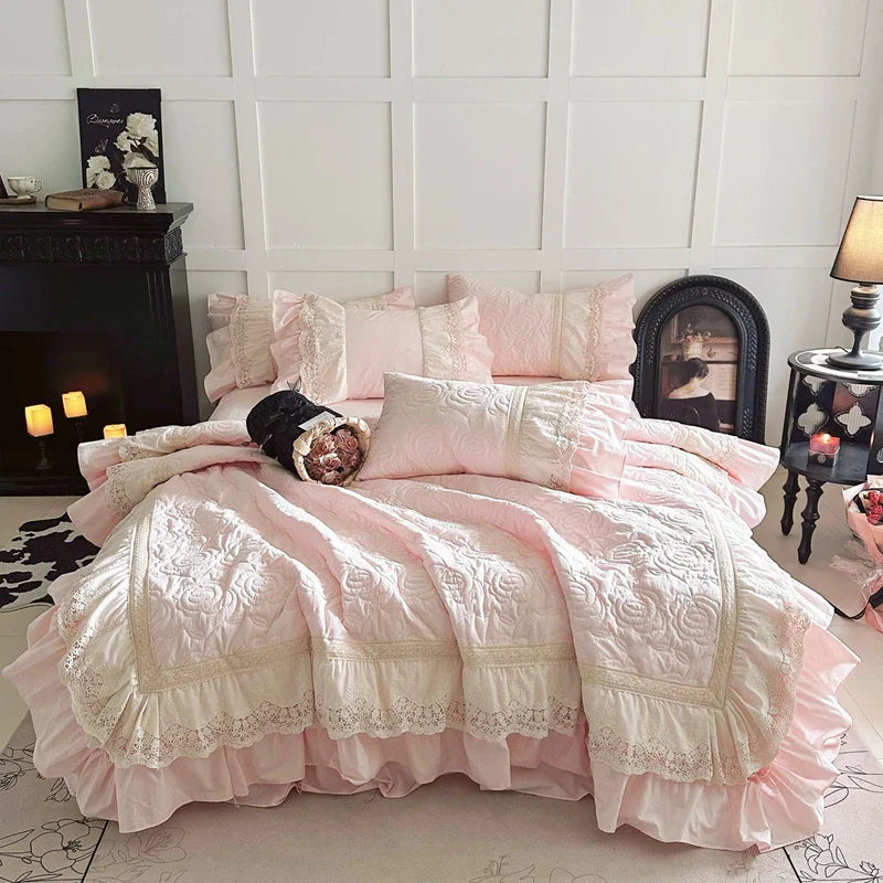 Rose Embossing Quilted Duvet Cover Set Vintage Lace Ruffles Pure Cotton Bedding Set Bed Sheet/Bed Skirt/Fitted Sheet Pillowcases