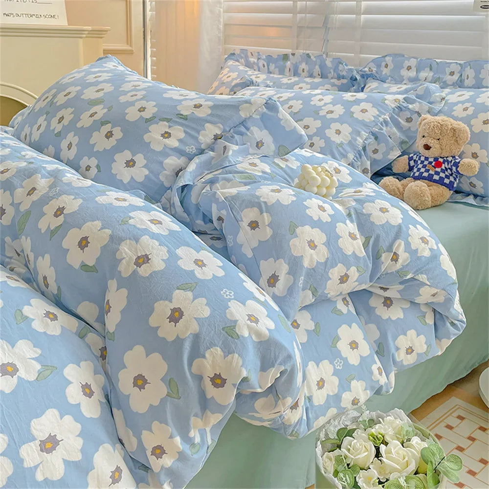 Fresh Plant Flower Bed Sheet for Children and Adults Four-Piece Bed Set Pillowcases Soft Washed Cotton Home Textiles