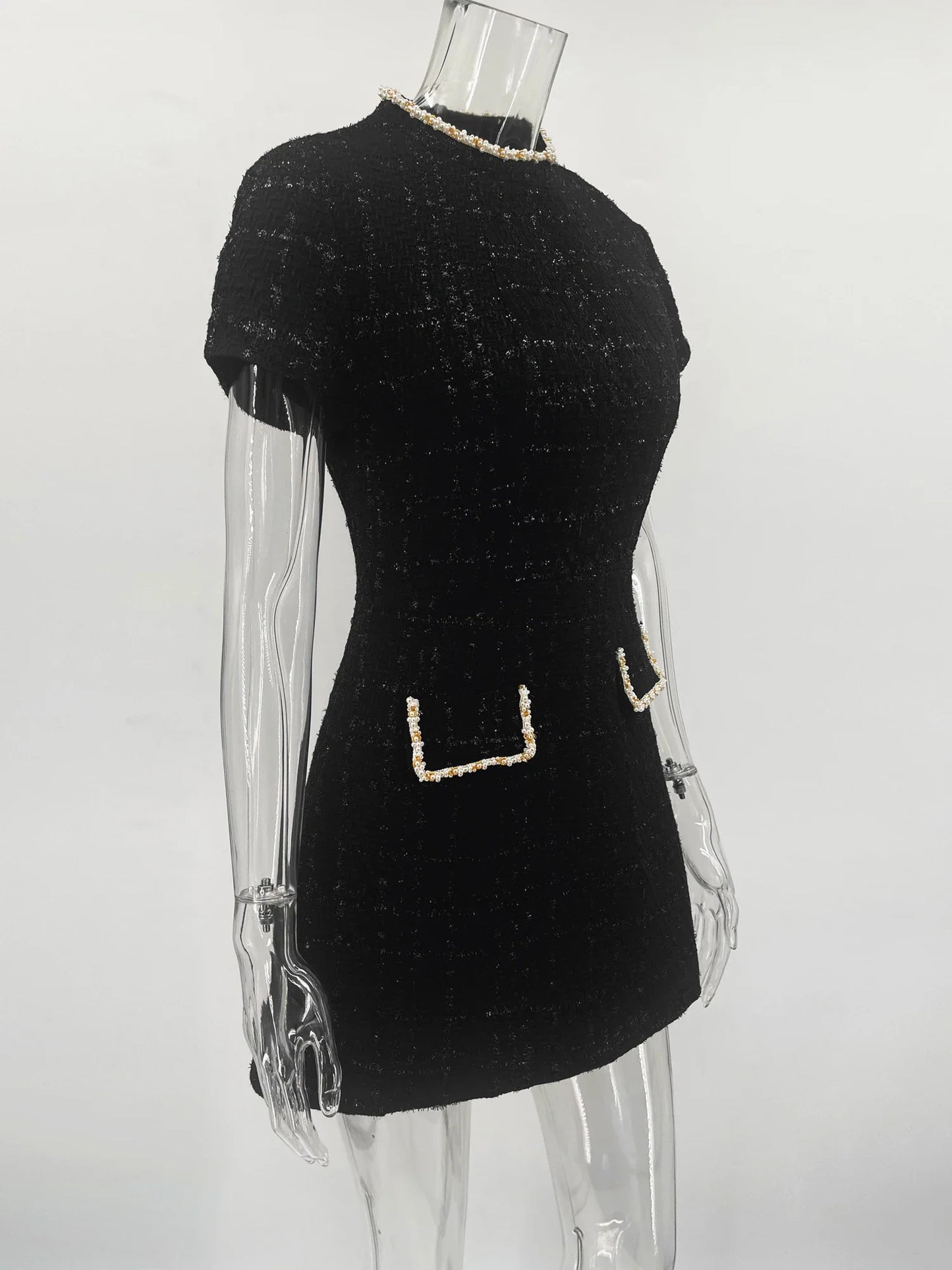 Tweed Solid Beaded Seam Mini Dress