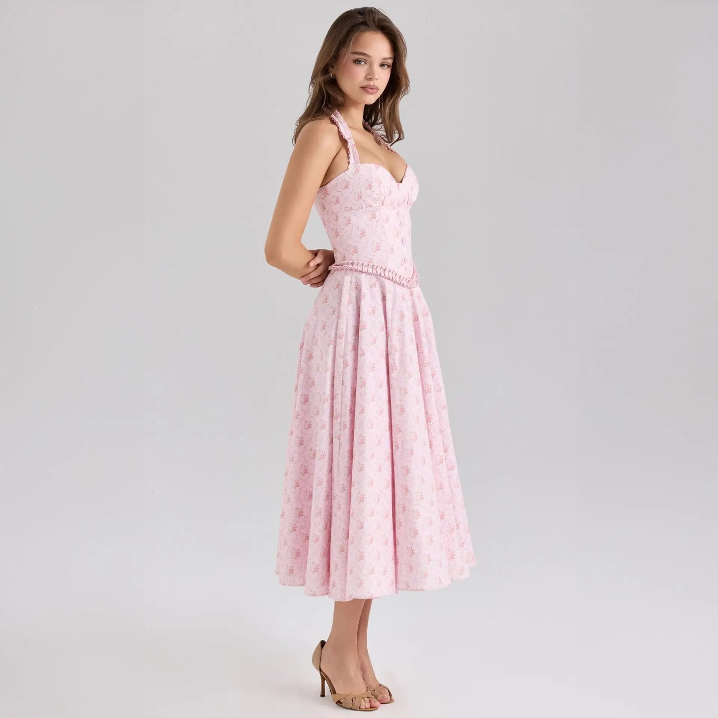 Pink Floral Print Braided A-line Midi Dress