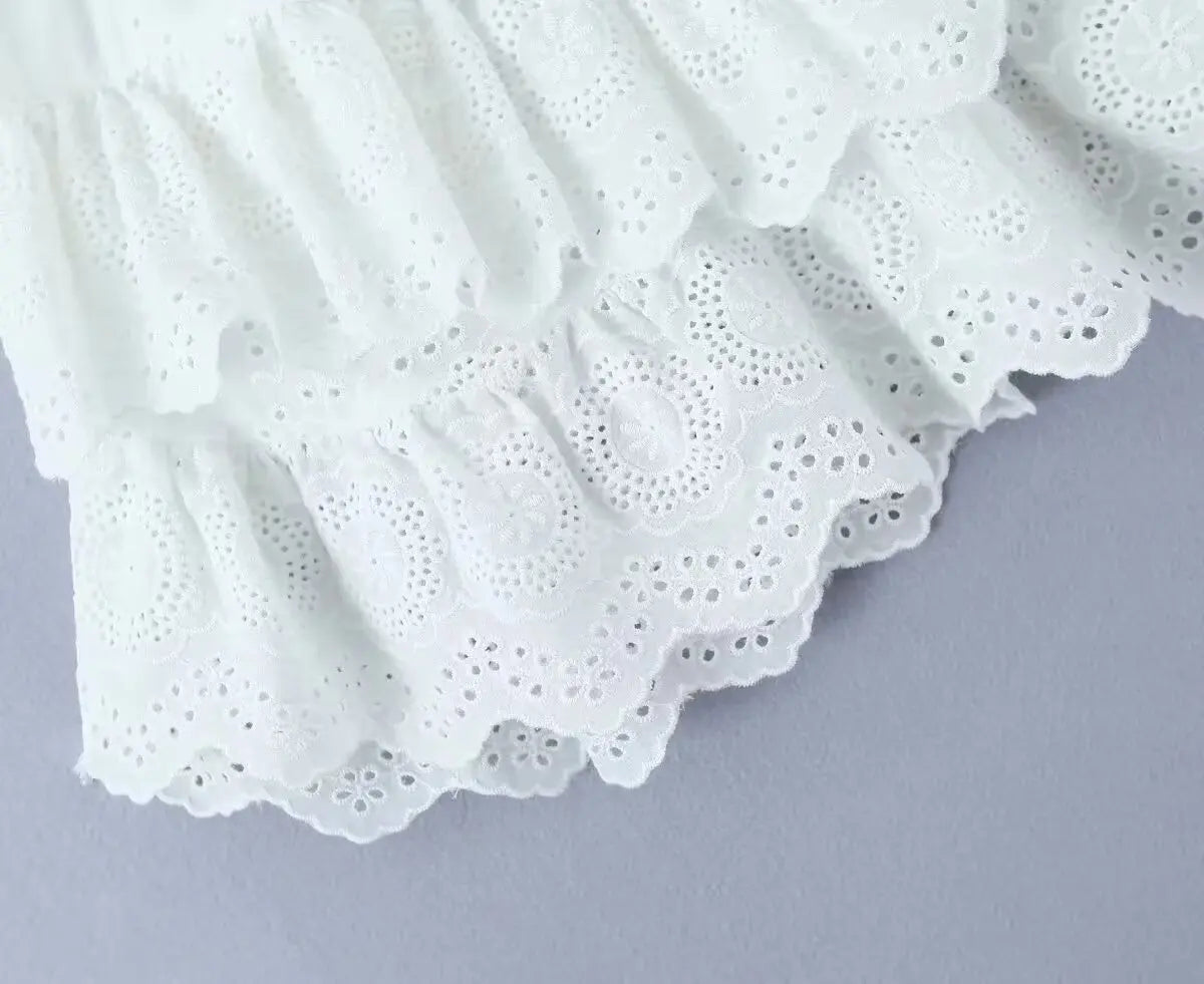 White Ruffles Embroidery Elastic Waist Mini Skirt
