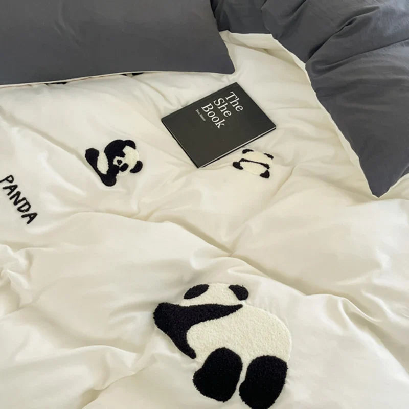 Ins Cartoon Panda Bedding Set Towel Embroidery Duvet Cover Queen Twin Full Size Grey Bed Flat Sheet Quilt Cover Pillowcases