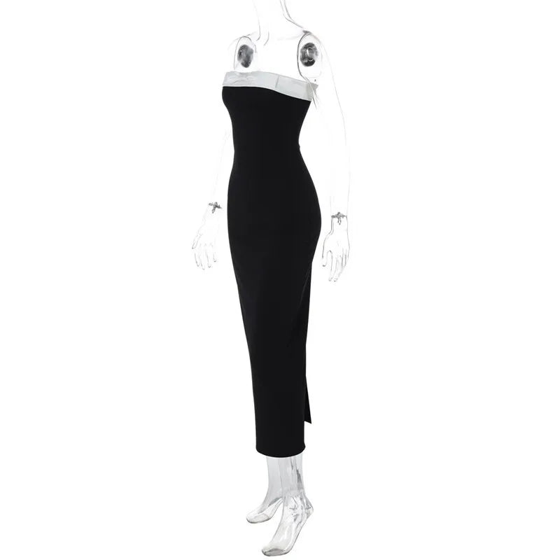 Black Strapless White Satin Bow Midi Dress