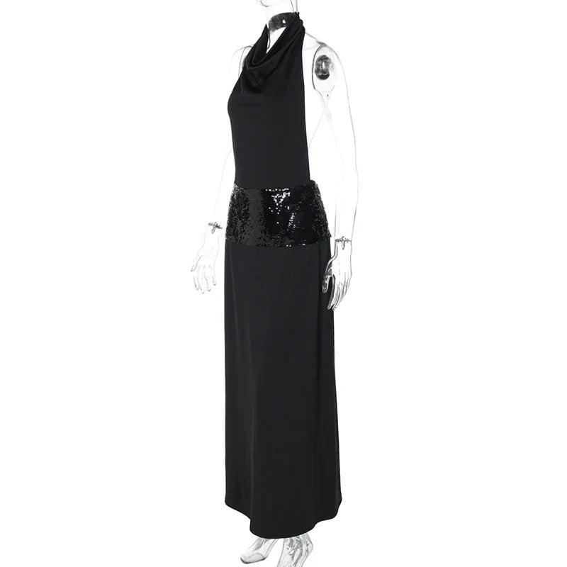 Black Halter Backless Sequin Patchwork Maxi Dress