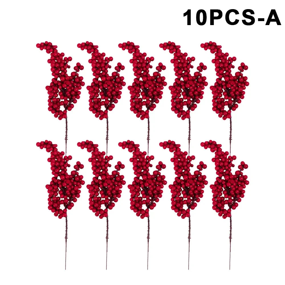 10/1Pcs Artificial Red Berries Christmas Holly Berry Branches Xmas Tree Ornaments Fake Plants For Home Navidad Party Decoration