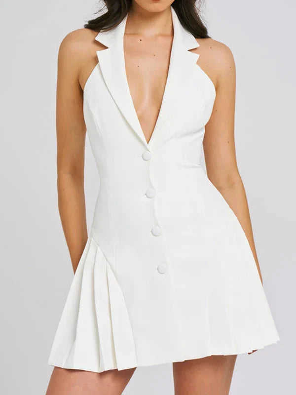Collar Buttoned Backless Suit Mini Dress