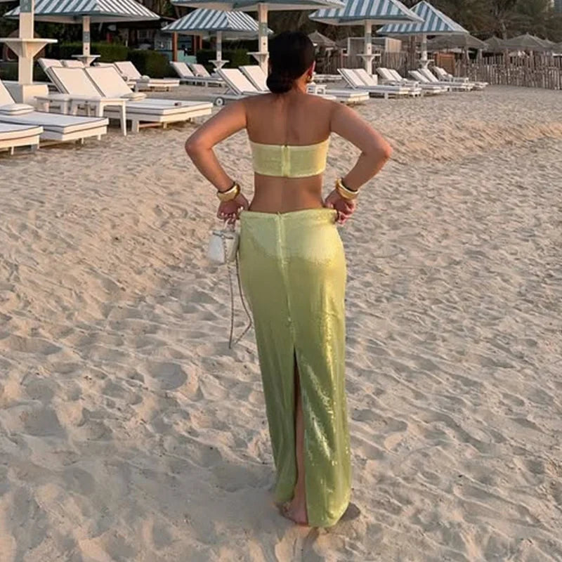 Green Ombré Starfish Sequin Bralette And Maxi Skirt Set