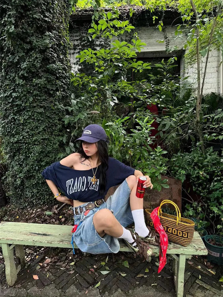 Blue East Cost Off Shoulder Graphic T Shirts