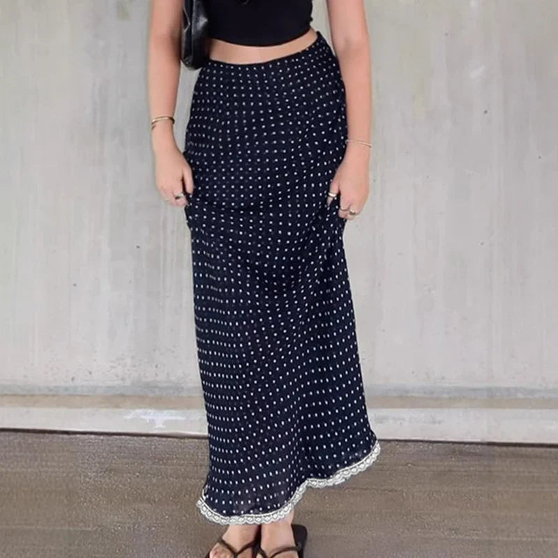 Blue Polka Dot Lace Trim Midi Skirt