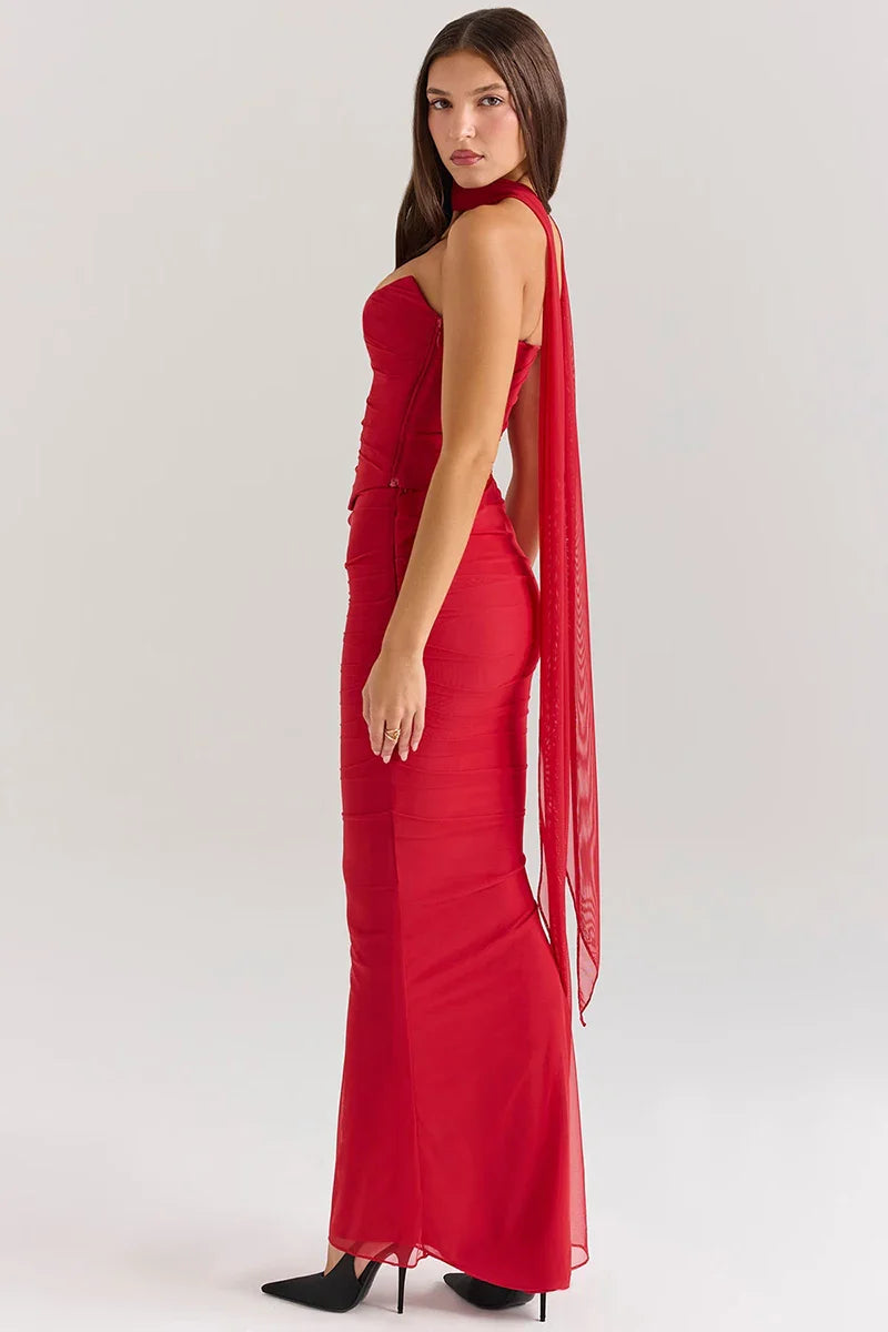 Corset Top With Long Scarves And Body-con Midi Skirt Set