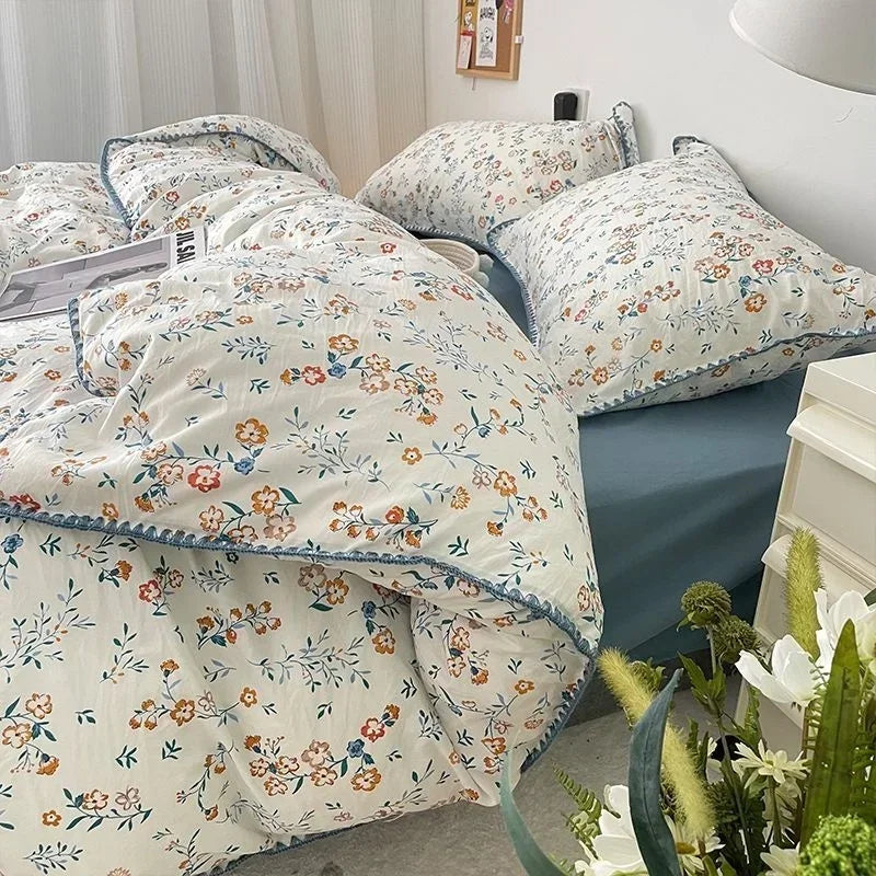 Bedding Set Girls Cherry Soft Washed Cotton Bed Sheet Queen King Size Duvet Set Comforter Set Pillowcase Bed Linens