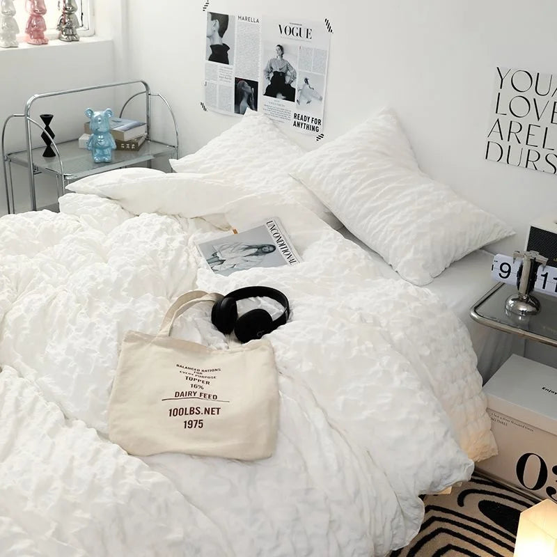 INS Girl Blue Bedding Sets Solid Color Seersucker Ruffles Lace Kawaii Soft Sheet Woman Duvet Cover Pillow Covers Quilt Cover