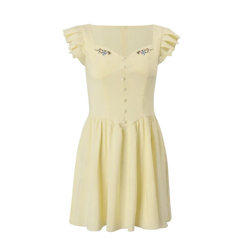 Yellow Floral Embroidery Flare Sleeve Mini Dress