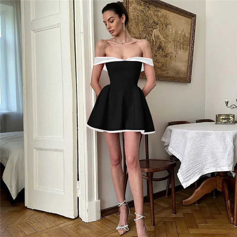 Black Flare White Off-shoulder Mini Dress