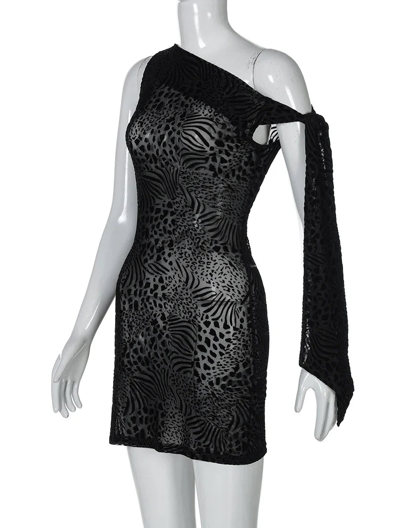 Black Mesh One Sleeve Tie Up Mini Dress