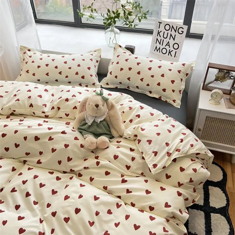 Romantic Cherry Heart Duvet Cover Set Flat Sheet Pillowcases Fashion New Twin Full Floral Summer Spring Bedding Set