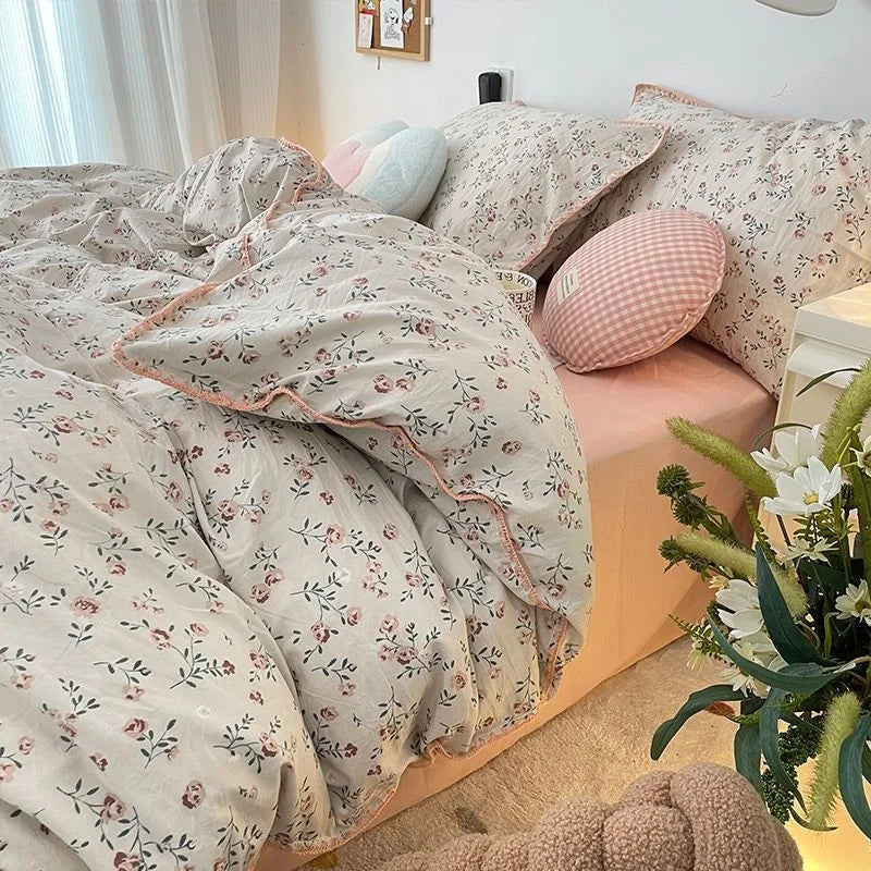 Bedding Set INS Girls Cherry Soft Washed Cotton Bed Sheet Queen King Size Duvet Set Comforter Set Pillowcase Bed Linens