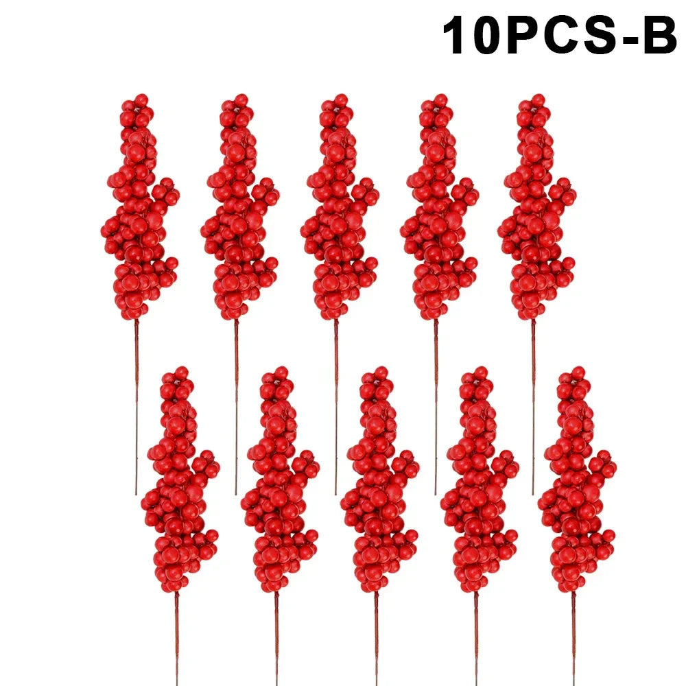 10/1Pcs Artificial Red Berries Christmas Holly Berry Branches Xmas Tree Ornaments Fake Plants For Home Navidad Party Decoration