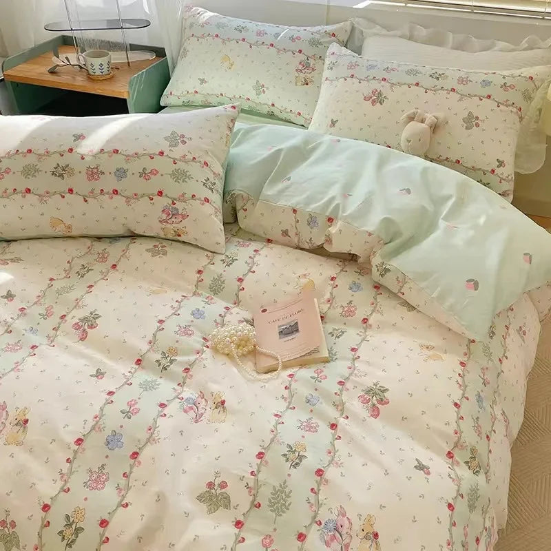 INS Gradient Cream Pink And Green Bedding Sets Streak Flat Sheets Soft Home Textile For Girls Full Size With Pillowcases