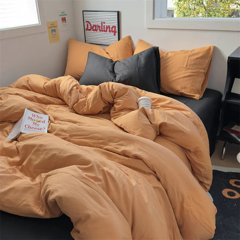 INS Hot Coffee Bedding Set For Girls Soft Washed Cotton Bed Sheet Queen King Size Duvet Set Comforter Set Pillowcase Bed Linens