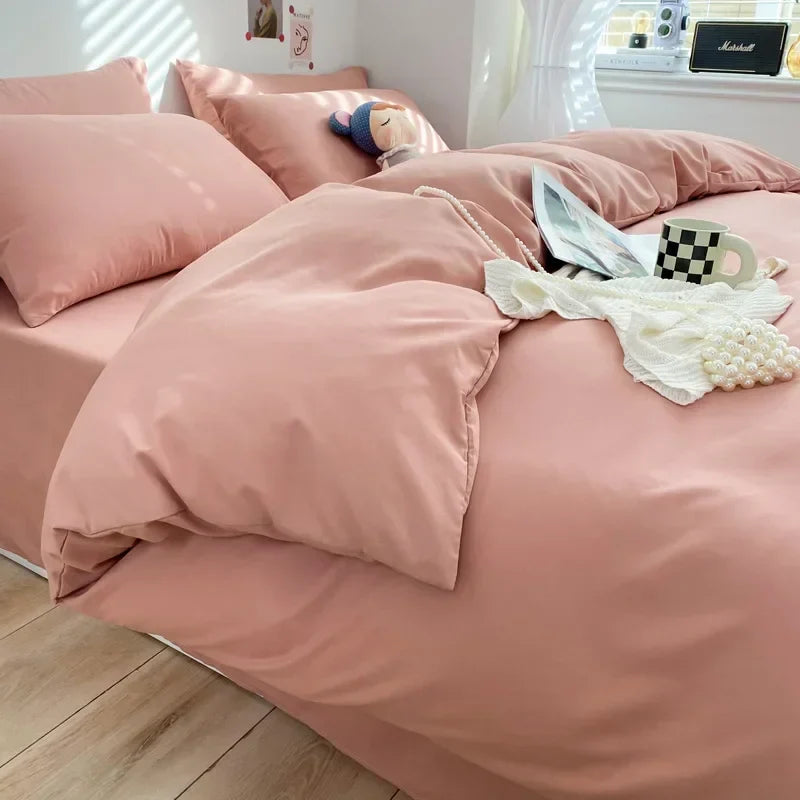 Solid Color Brushed Fabric Bed Set Duvet Cover Pillowcase Bedding Set Bed Sheet Quilt Cover Single Queen King Size 4 Pieces Sets