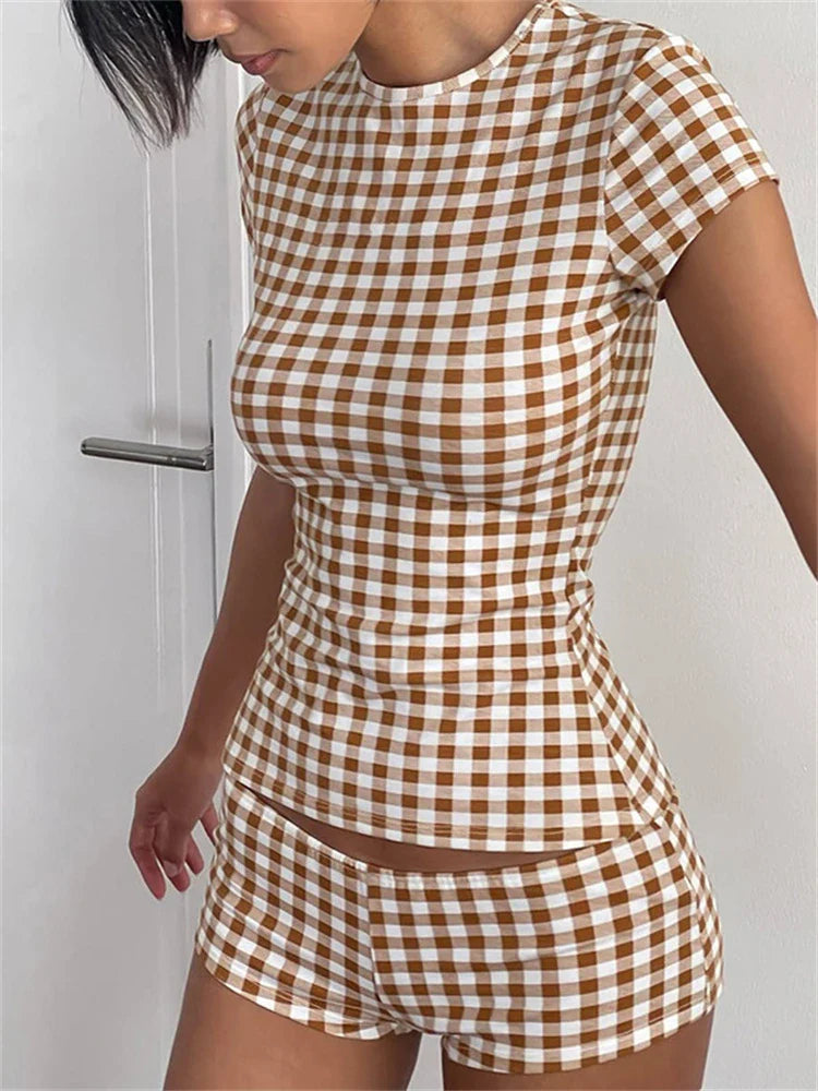 Brown Plaid Short Sleeve Top And Shorts Set