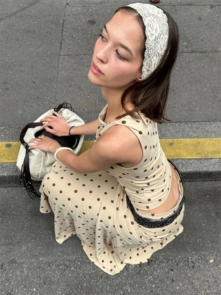 Beige Polka Dot Frill Midi Skirt