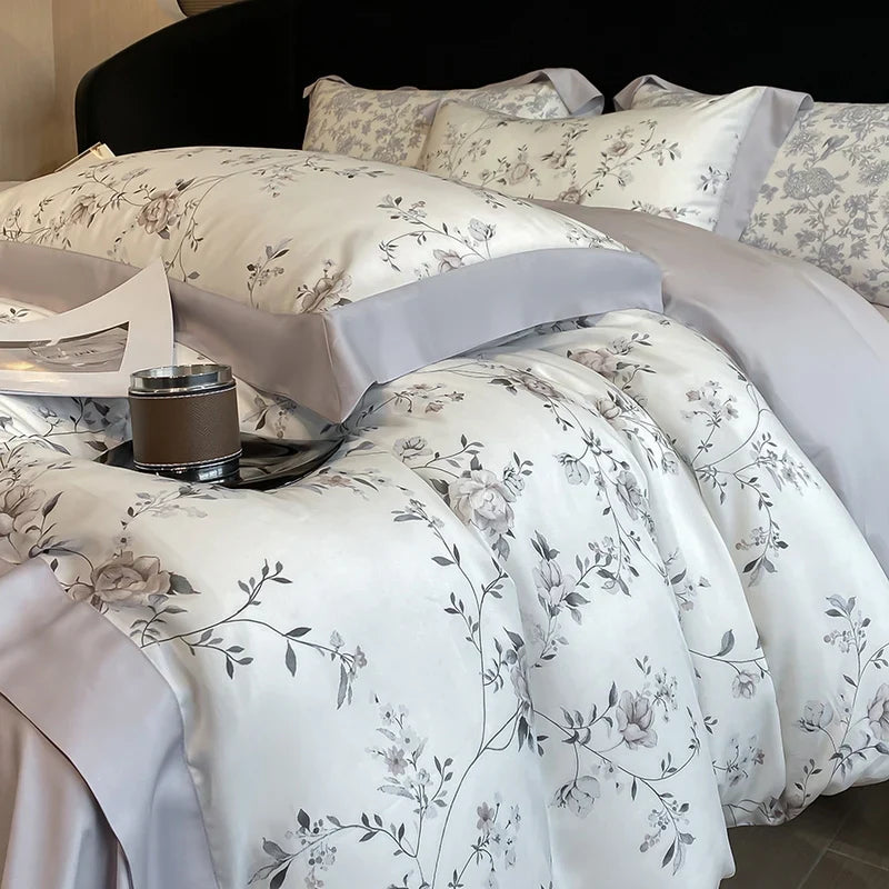 Luxury Digital Printing Flowers and Plants Bedding Set Lyocell Eucalyptus Fiber Soft Silky Duvet Cover Bed Sheet Pillowcase 4Pcs