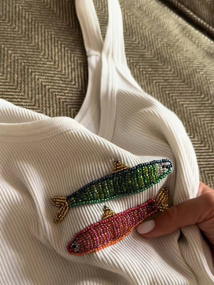 White 3d Beading Embroidery Tank Top
