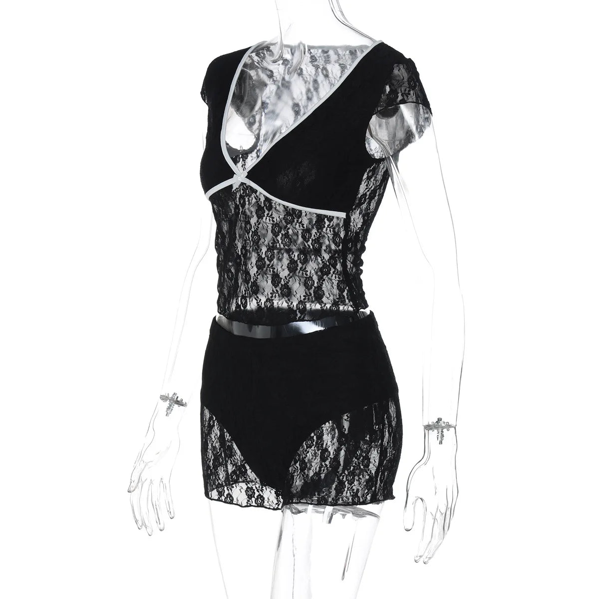 Pink Lace Crop Top And Shorts Set