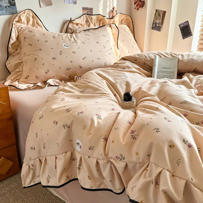 Korean Style Floral Ruffles Knitted Double Yarn Bedding Set Double King Queen Size Duvet Cover Flat/Fitted Bed Sheet Pillowcases
