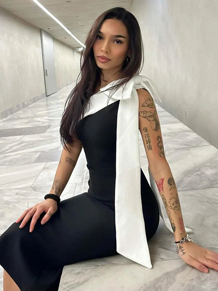 Black One Shoulder Contrast Tie Up Midi Dress