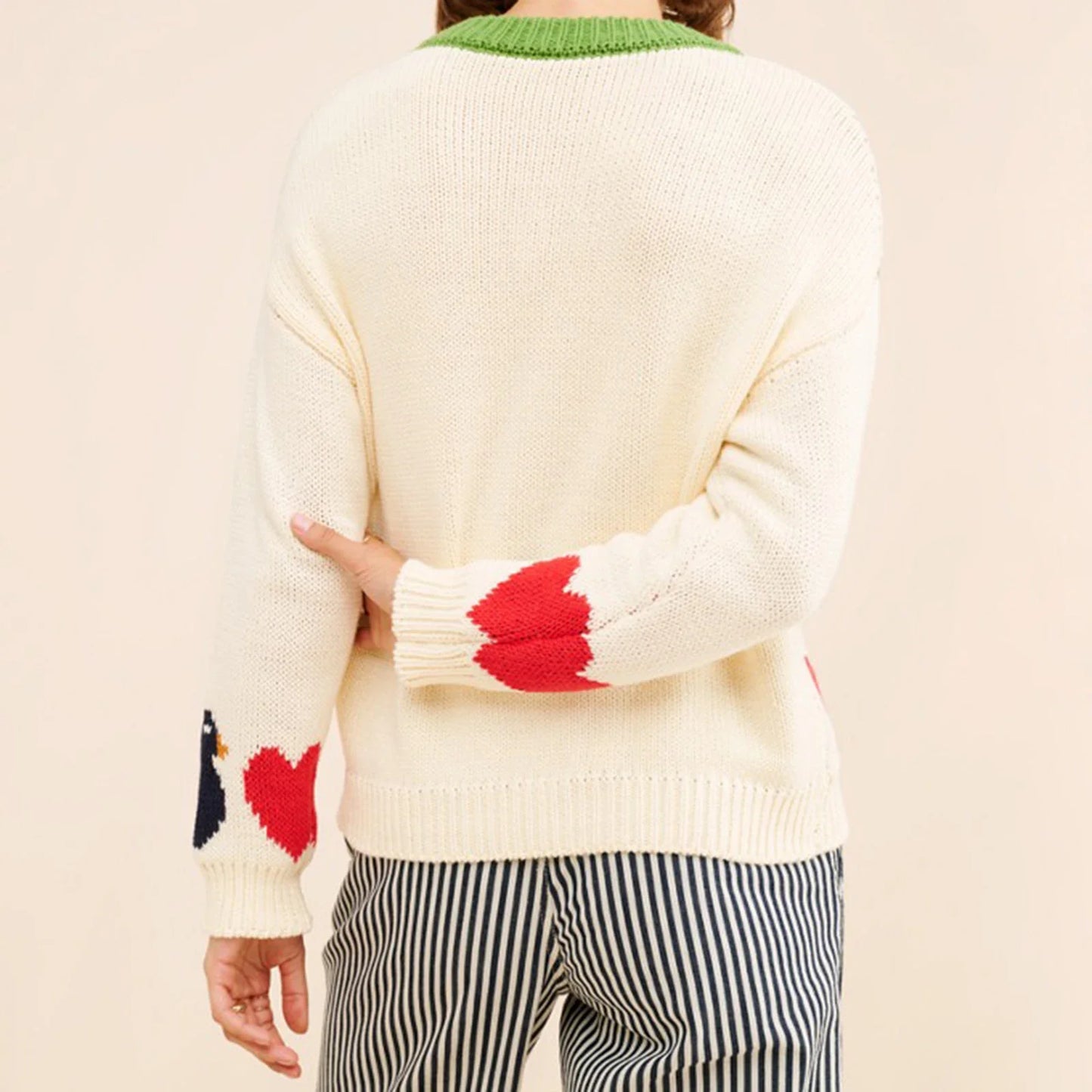 Swan Love Heart Pattern Ribbed Crew Neck Sweater