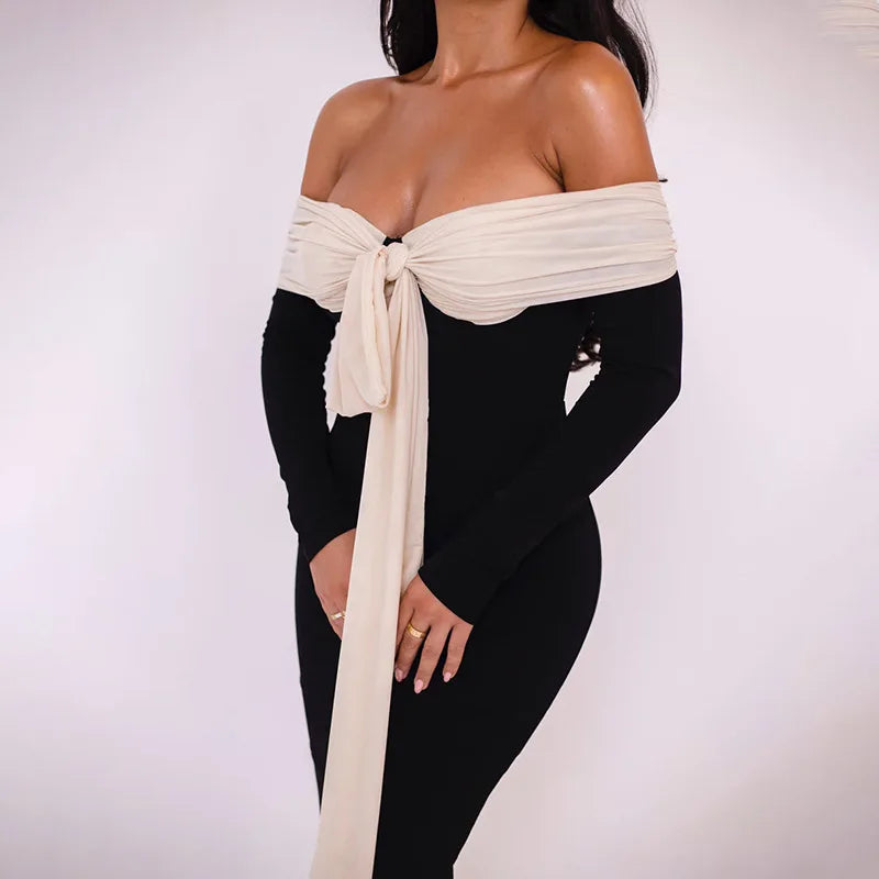 Black Patchwork Tie Up Off-shoulder Maxi Dress