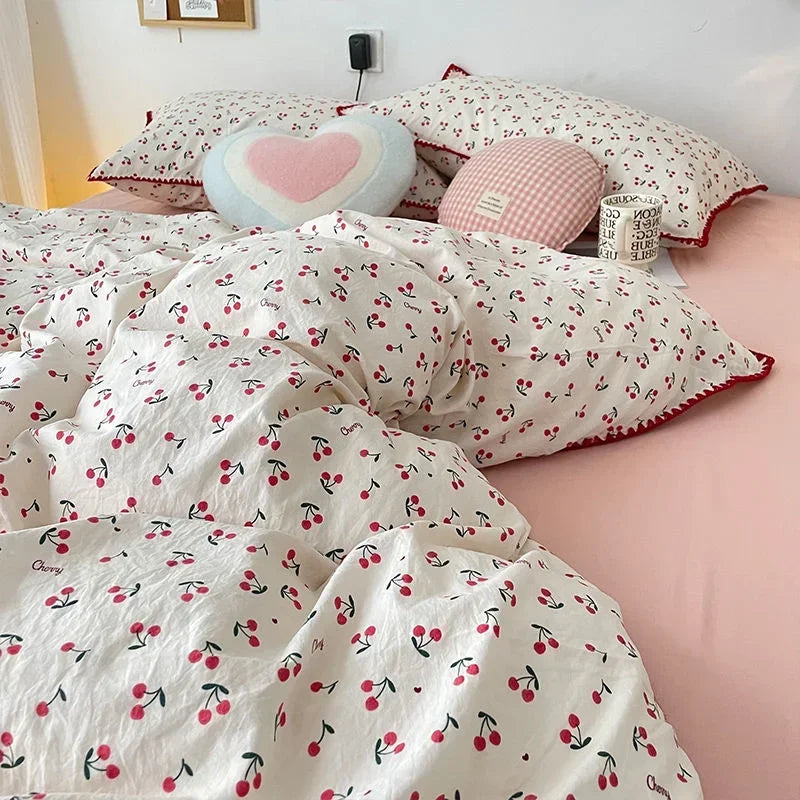Bedding Set Girls Cherry Soft Washed Cotton Bed Sheet Queen King Size Duvet Set Comforter Set Pillowcase Bed Linens