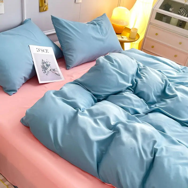 Korean Solid Purple Bedding Set Soft Flat Sheet Duvet Cover Pillowcase Polyester Bed Linen Twin Queen Full Size Quilt Cover Set