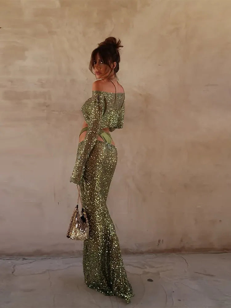 Green Sequin Long Sleeve Top And Maxi Skirt Set