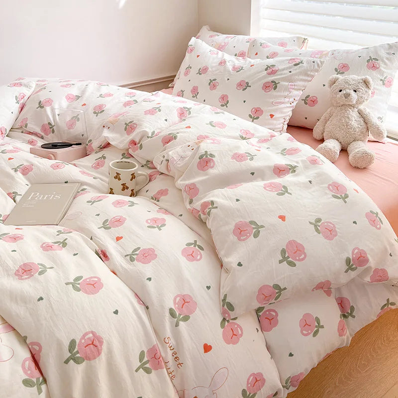 Ins Simple Flower Bed LinenTwin Full Queen King Size Bed Sheets Set Adults Kids Floral Bed Comforter Sets Bed Duvets Kawaii