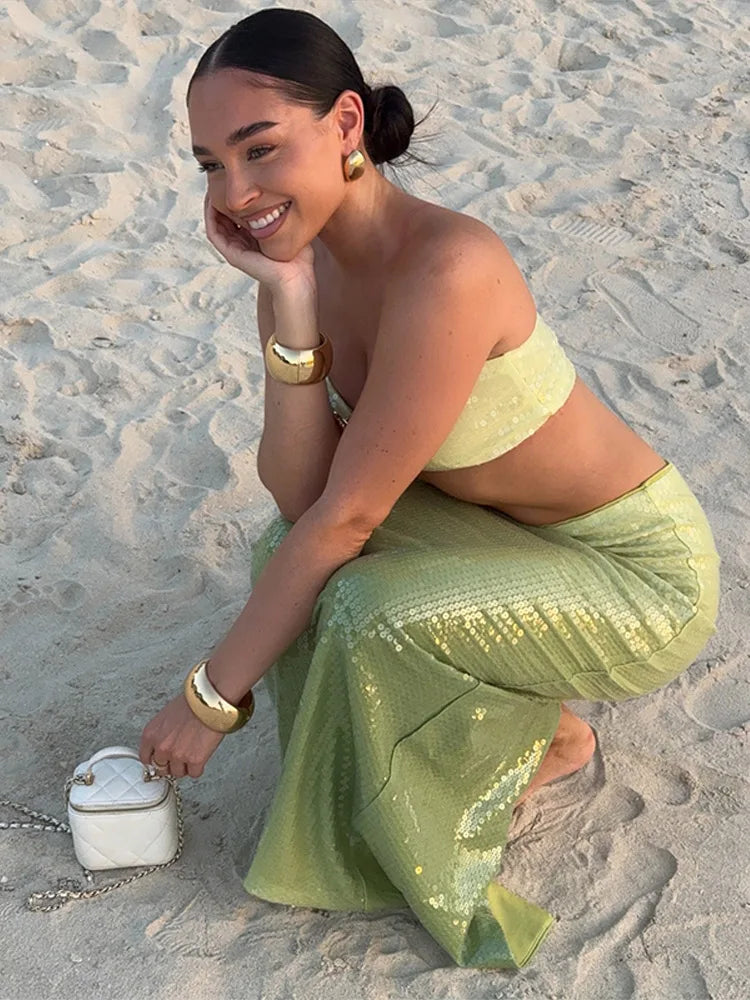 Green Ombré Starfish Sequin Bralette And Maxi Skirt Set
