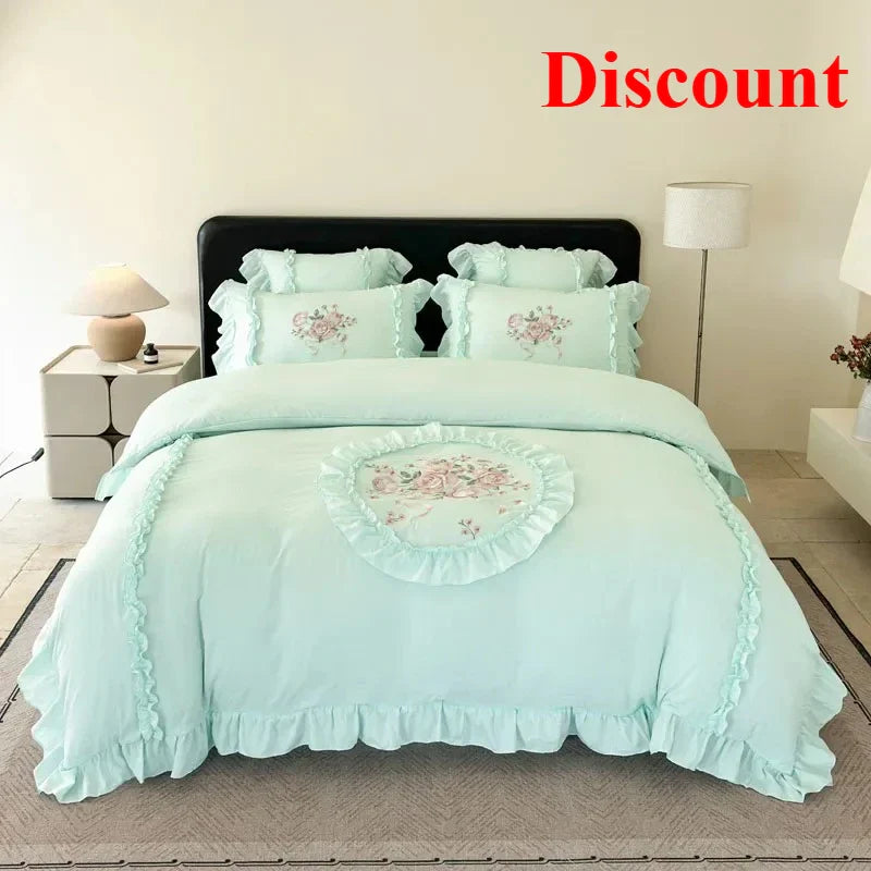 4Pcs Rose Flowers Embroidery Bedding Set Double King Queen Size Pink Girls Bedroom Duvet Cover Flat/Fitted Bed Sheet