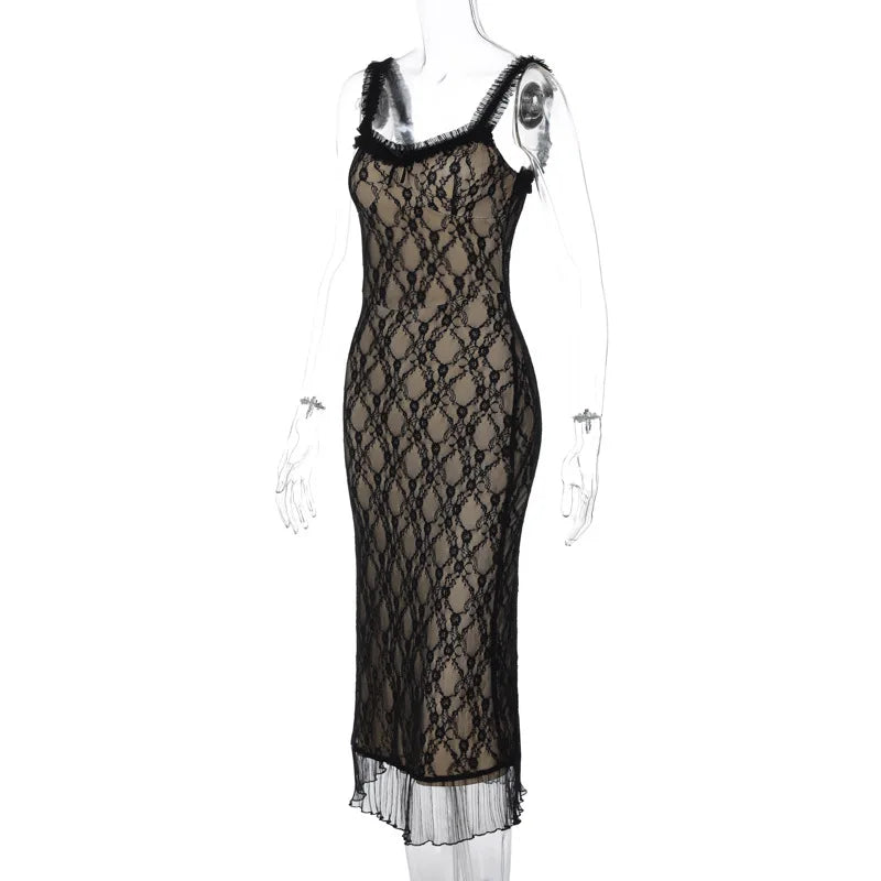 Black Lace Layered Midi Dress