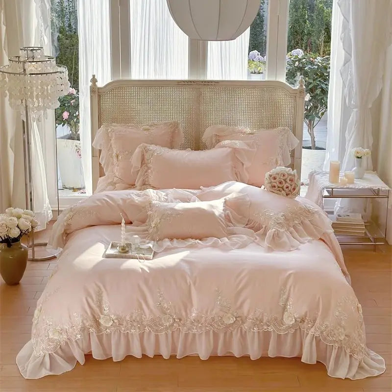 Egyptian Cotton Wedding Bedding Set, Romantic French Lace Ruffles, Flowers Embroidery, Duvet Cover, Bed Sheet, Pillowcases