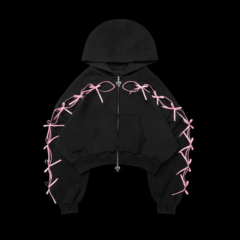Ribbion Cut Out Design Zipper Crop Hoodie