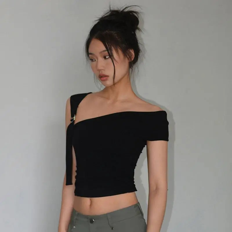 Asymmetric Strap Buckle Sleeve Crop Top
