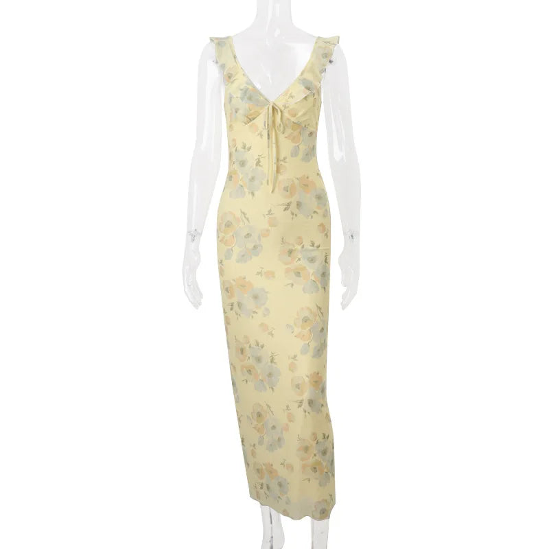 Yellow Floral Frill Strap Midi Dress