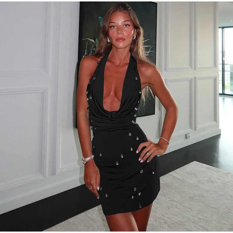 Cowl Neck Halter Water Drop Bead Mini Dress