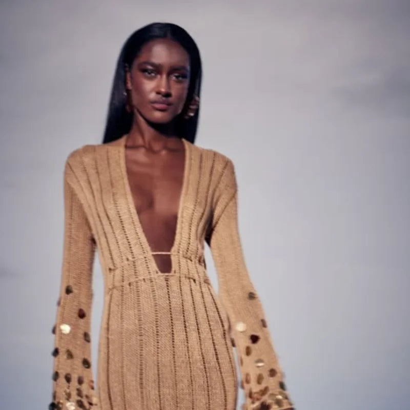 Beige Deep Neck Sequin Knitted Maxi Dress
